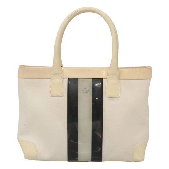 GUCCI Sherry Line Hand Bag Canvas White Black Auth ep7988 - Picture 1 of 15